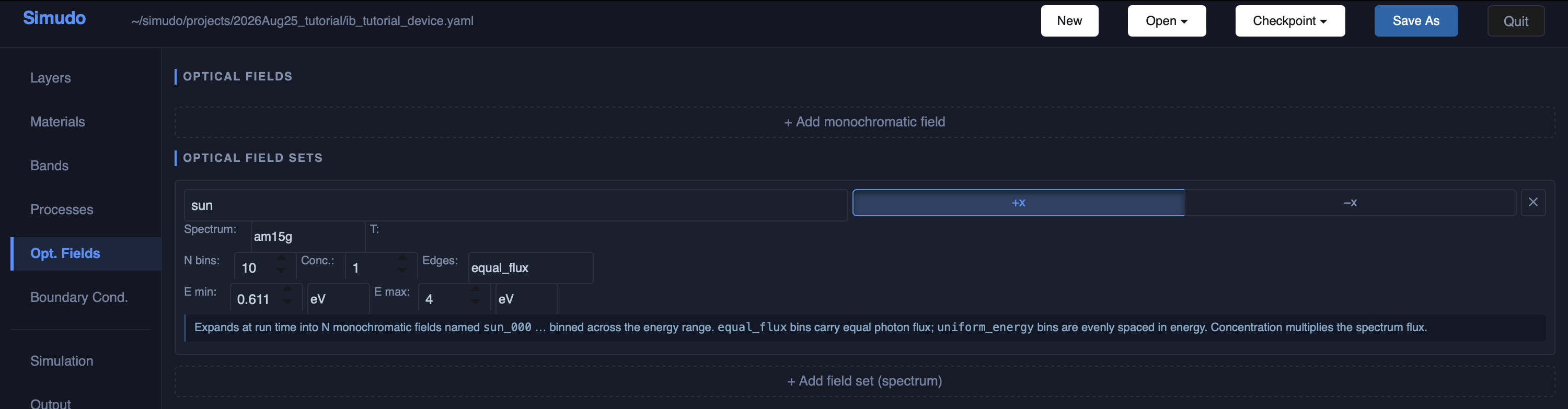 The Optical Fields panel for the IB device